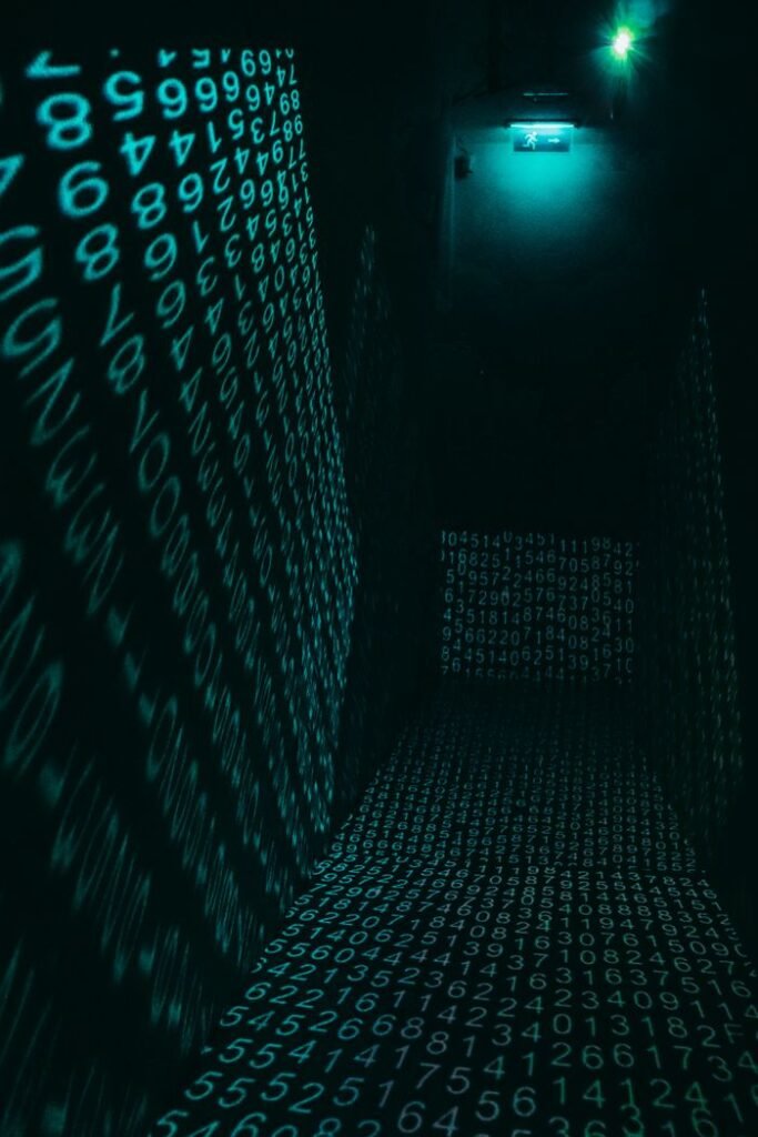A dark hallway illuminated with neon digital number projections, creating a cyberpunk ambiance.
